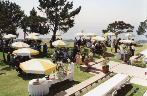 Overview of the guests under yellow and white umbrellas