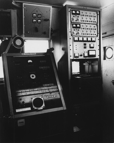 Motion Instrumentation Control - One of the many modifications made on D/V Glomar Challenger while in drydock before starting Leg 26 of the Deep Sea Drilling Project was the installation of a new vessel motion instrumentation control on the bridge. The dynamic postioning automatic controls are shown at left