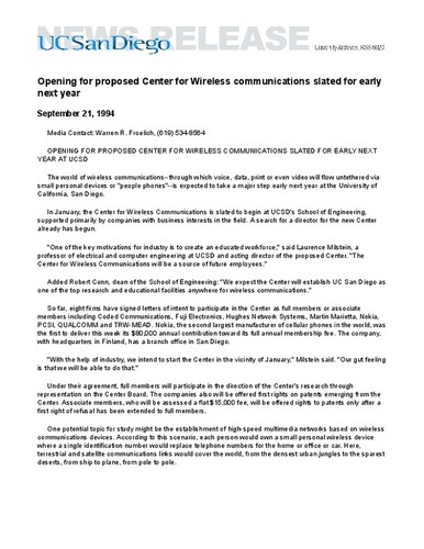 Opening for proposed Center for Wireless communications slated for early next year