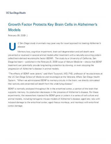 Growth Factor Protects Key Brain Cells in Alzheimer’s Models