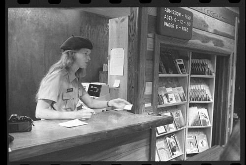 Buildings and Utilities, NPS Individuals. Crystal Cave Ticket Booth at Crystal Cave. Peggy Moore, cashier and guide