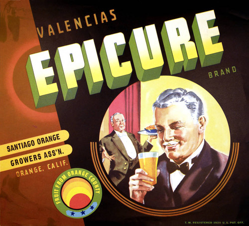 Epicure Valencias, Santiago Orange Growers Association fruit crate label, ca. 1930