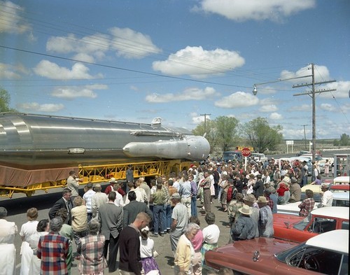 Atlas 41E Missile in Transport to FAFB 567-5 (I); Shown During Brief Stop for School Children at Harrington, Washington. Date: 05/15/1961