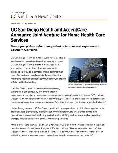UC San Diego Health and AccentCare Announce Joint Venture for Home Health Care Services