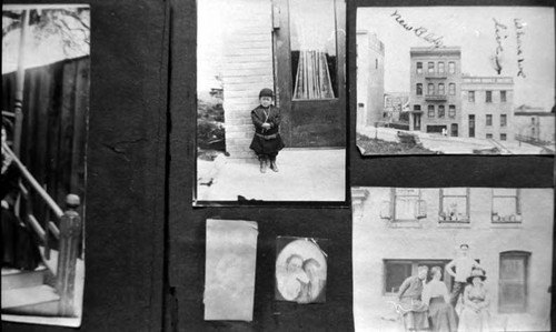 Whole family in San Francisco Top left corner: Boy in front of door Top right corner: Hong Kong Noodle Factory, 2 buildings From left to right: [1] with 4 Chinese words on top and 3 Chinese words on bottom, [2] Meat Market, Bull Durham, [3] and [4] Sigh HK NF with 2 little girls in front of building #3 Bottom left corner: Faded child Bottom middle: 2 caucasian women Bottom right corner: Group--man standing, 3 women in American dress
