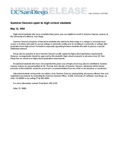 Summer Session open to high school students