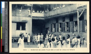 Girls recreating in the school courtyard, Papeete, French Polynesia, ca.1900-1930