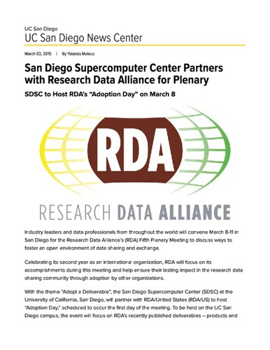 San Diego Supercomputer Center Partners with Research Data Alliance for Plenary