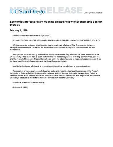 Economics professor Mark Machina elected Fellow of Econometric Society at UCSD