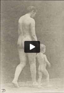 Nude woman walking with a child hand in hand