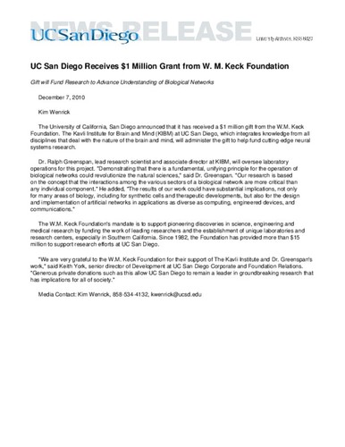 UC San Diego Receives $1 Million Grant from W. M. Keck Foundation--Gift will Fund Research to Advance Understanding of Biological Networks
