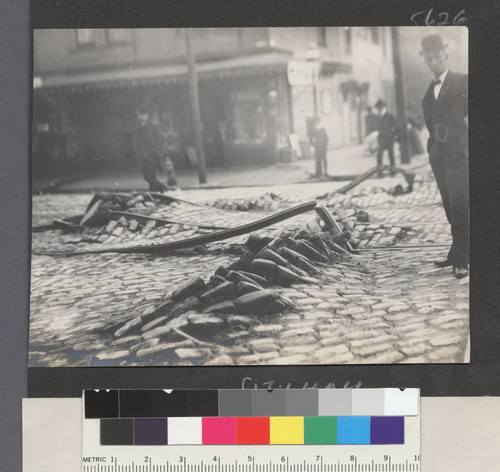 [Swelling of ground beneath street and street car tracks. Unidentified location.]