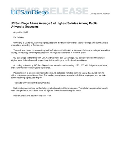 UC San Diego Alums Average 3rd Highest Salaries Among Public University Graduates