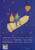 European Community Happy Holidays poster of a couple riding a condom as a rocket through space toward a red heart [descriptive]