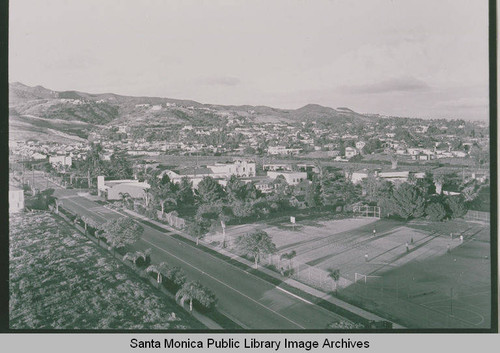 View of Via de La Paz, with school grounds on the right, from the Methodist Church tower in Pacific Palisades, Calif