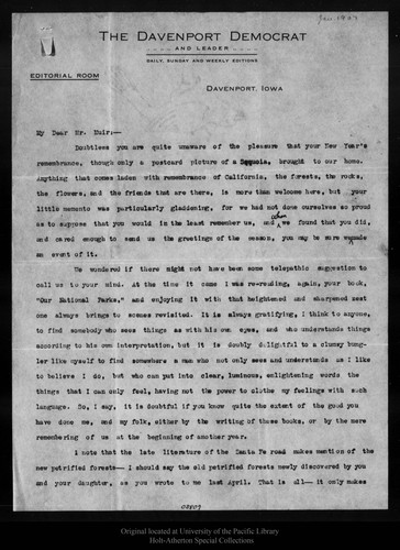 Letter from J. E. Calkins to John Muir, 1907 Jan