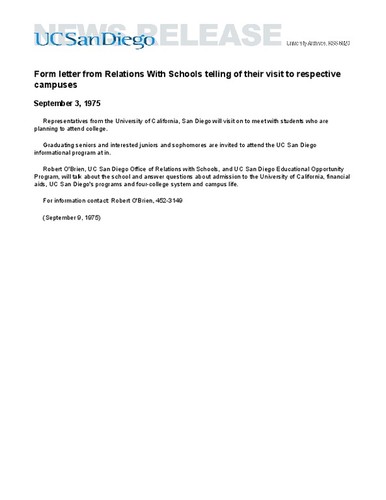 Form letter from Relations With Schools telling of their visit to respective campuses