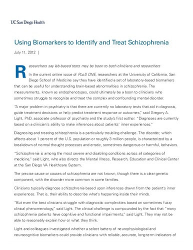 Using Biomarkers to Identify and Treat Schizophrenia
