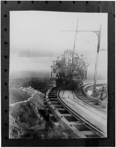 Mount Lowe railway car on circular bridge, 1895-1900