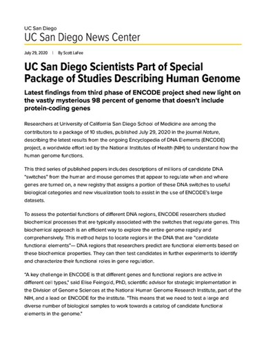 UC San Diego Scientists Part of Special Package of Studies Describing Human Genome