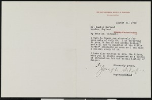Joseph Schafer, letter, 1922-08-23, to Hamlin Garland