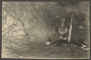 Karl Stappf with shot lioness, Tanzania, ca.1929-1940