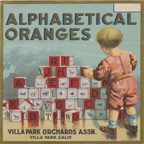 Crate label Alphabetical Oranges Brand. Villa Park Orchards Assn. Villa Park, California