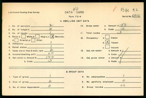 WPA Low income housing area survey data card 40, serial 6916