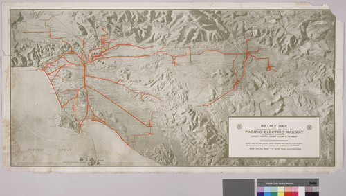 Relief map of territory served by lines of [the] Pacific Electric Railway in Southern California; largest electric railway system in the world