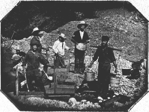 Six miners with rocker, wheel barrows, picks and shovels and gold pans