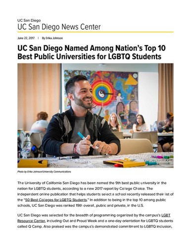 UC San Diego Named Among Nation’s Top 10 Best Public Universities for LGBTQ Students