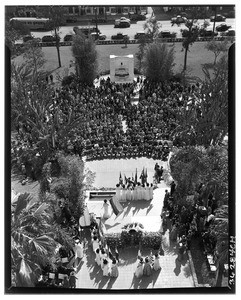 Birdseye view of the dedication ceremony for Simon Bolivar Plaza near the steps of City Hall on Pan American Day