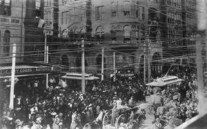View of the corner of Second Street and Spring Street during the Columbus Day Parade, October 21, 1892