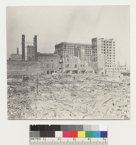 [Ruins, unidentified location. Flood Building in distance, center.]