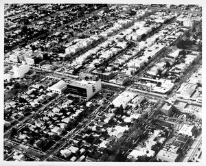 Aerial view facing north over Wilshire Boulevard and Swall Drive in Beverly Hills