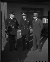Chief James E. Davis and Public Works president Paul Ritter greet Admiral Richard E. Byrd, Los Angeles, 1936