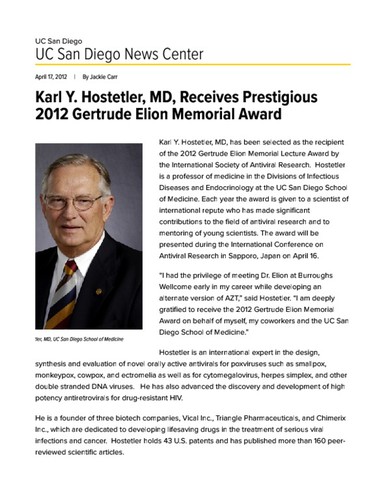 Karl Y. Hostetler, MD, Receives Prestigious 2012 Gertrude Elion Memorial Award