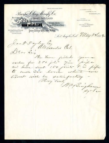 Letter to Jas T. Taylor from the Pacific Clay Manufacturing Co., 1892-05-24