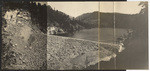 Strawberry Dam. Sept. 15 - 1916. Panorama view showing spillway, outlet tower in reservoir and lower slope of great fill