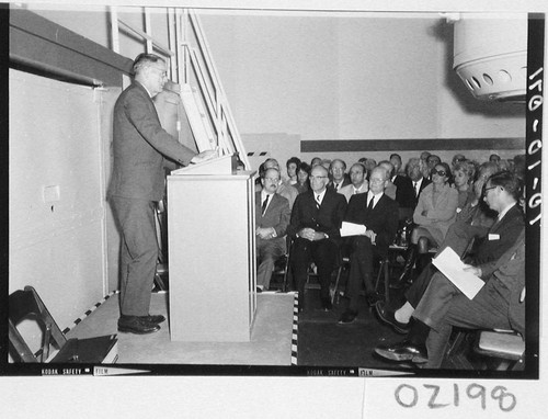 Horace W. Babcock addressing guests at the dedication of the 60-inch telescope, Palomar Observatory