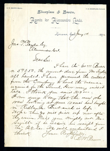 Letter to Jas T. Taylor from B. M. Brown of the Sharpless & Brown Co., 1892-01-01