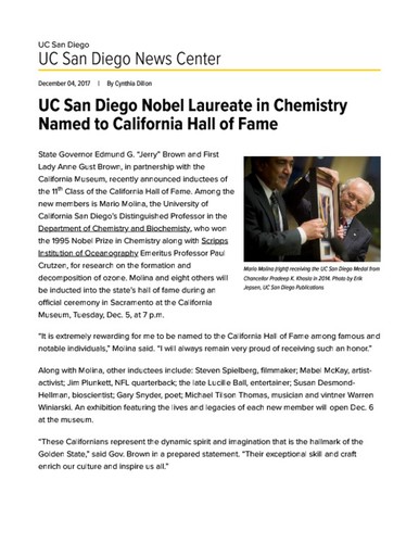 UC San Diego Nobel Laureate in Chemistry Named to California Hall of Fame