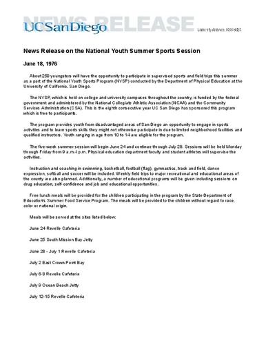 News Release on the National Youth Summer Sports Session