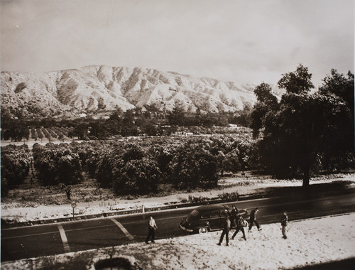 Snow in front of Citrus Junior College on January 14, 1949