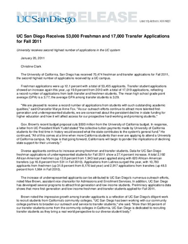 UC San Diego Receives 53,000 Freshman and 17,000 Transfer Applications for Fall 2011--University receives second highest number of applications in the UC system