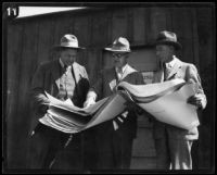 Three geologists and/or civil engineers examine an engineering drawing shortly after the failure of the Saint Francis Dam, [San Francisquito Canyon (Calif.) ?], 1928