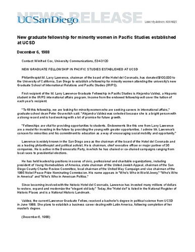 New graduate fellowship for minority women in Pacific Studies established at UCSD