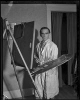 Hungarian artist Rudolphe Kiss in front of his easel, Los Angeles, 1931-1938