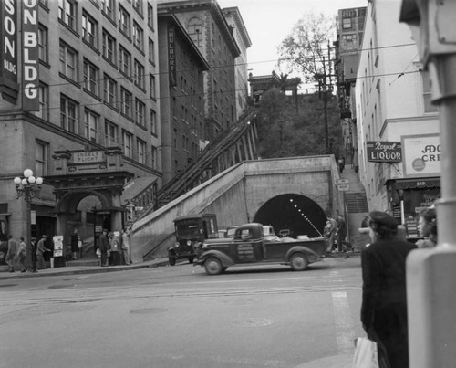 View of Hill and 3rd streets, Angels Flight