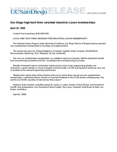 San Diego high-tech firms awarded Industrial Liason memberships